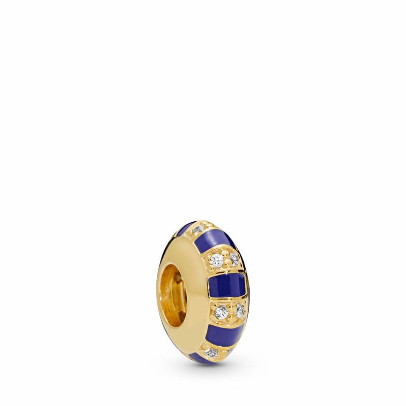 Pandora Shine™ Exotic Stones & Stripes Spacer Charm Ireland - 18ct Gold Plated/Enamel/Blue/Cubic Zir